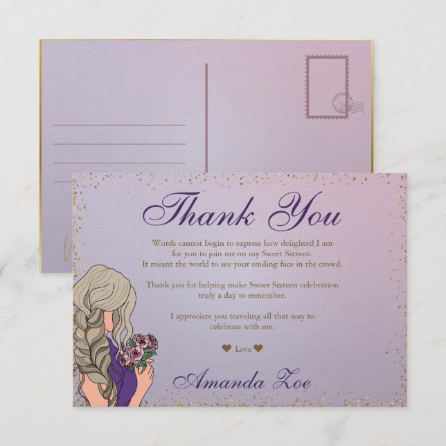 Nota de agradecimiento de Purple Gold Mis Quince (Anverso / Reverso)