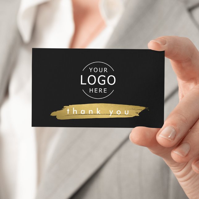 Nota de agradecimiento Insertar tarjeta de visita (Black background, white logo, gold smudge detail - Business Thank You Card)
