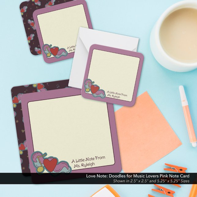 Nota de Amor: Garabatos para Amantes de la Música  (Love Note: Doodles for Music Lovers Pink Note Cards - Shown in the 2.5"x2.5" and 5.25"x5.25" Sizes)