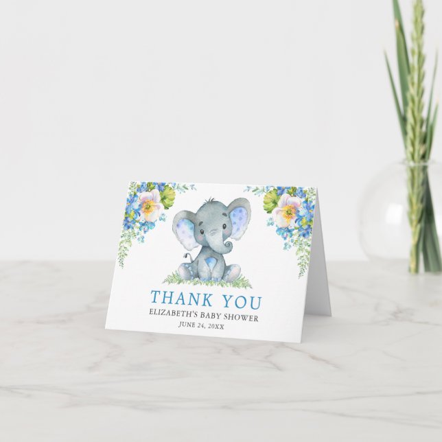 Nota de Baby Shower sobre Elefante Floral Azul de  (Anverso)