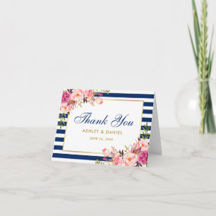 Nota de Boda de Acuarela Floral Rosa Azul con Raya