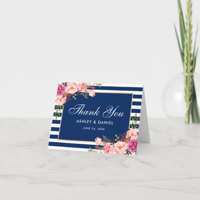 Nota de Boda de Flores Rosadas Acuarela y Rayas Az (Anverso)