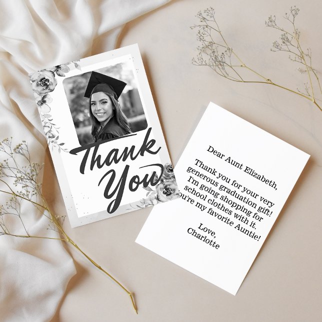 Nota de corazón tía Graduación Foto Floral (Graduation Thank You Card)