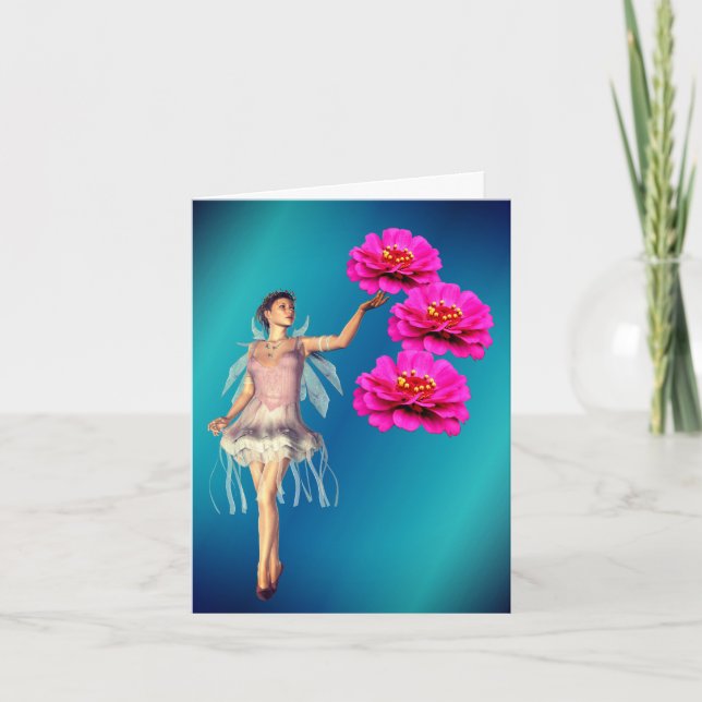 Nota de fantasía de hada y flor de zinnia rosa (Anverso)