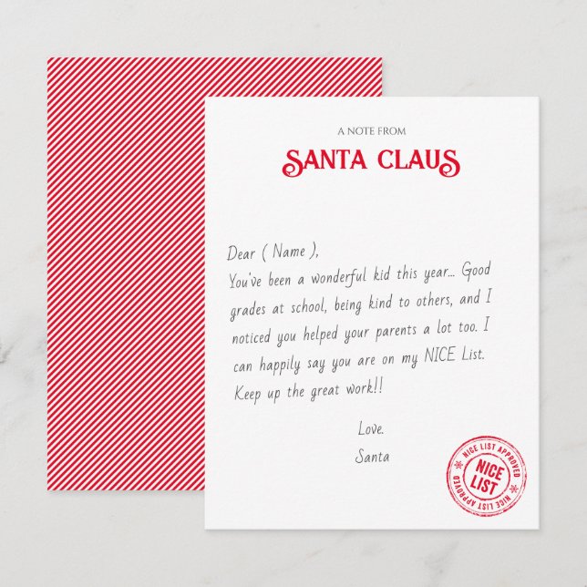 Nota De Santa Claus Lista Oficial NICE Aprobada (Anverso / Reverso)