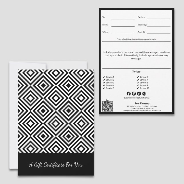 Nota de servicio de código QR Certificado de regal (QR Code Service Note Black White Gift Certificate: Personal Note, Tracking, List, Social Media)
