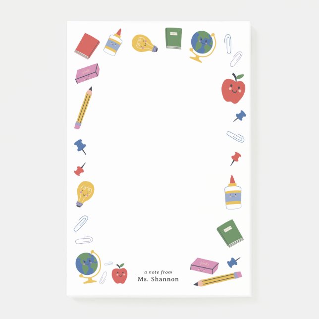 Nota del profesor sobre el material escolar feliz (Anverso)