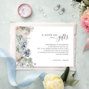 Nota floral azul sobre regalos Boda Desear bien