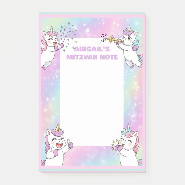 Nota personalizada de Mitzvah Notepad de unicornio (Anverso)