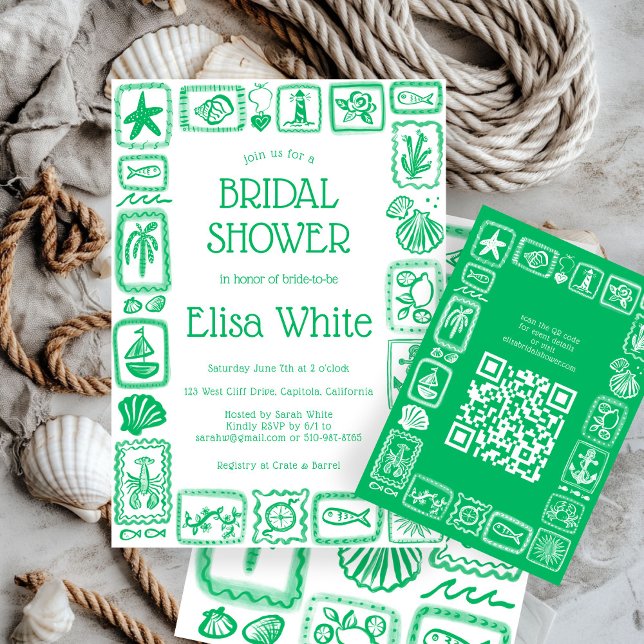 Notas de Amor del Mar Modernas QR Personalizadas   (LoveNotes from Sea Modern CUSTOM QR Code Bridal Shower Enclosure Card
)