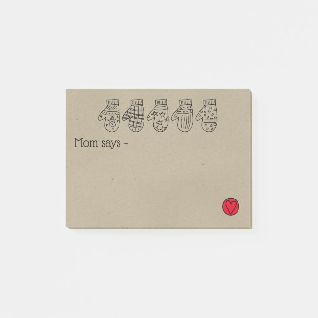 Notas de Mano Drawn Mittens y Heart for Mom (Anverso)