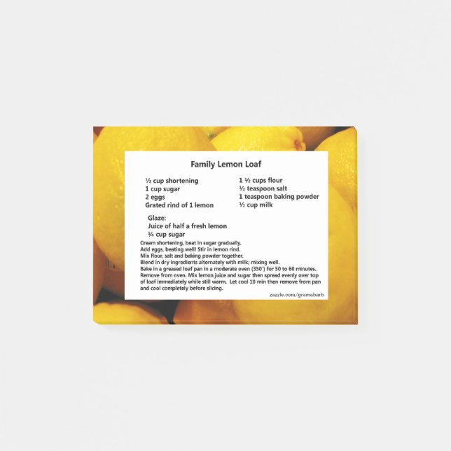 Notas de post-it de la receta del pan del limón (Anverso)