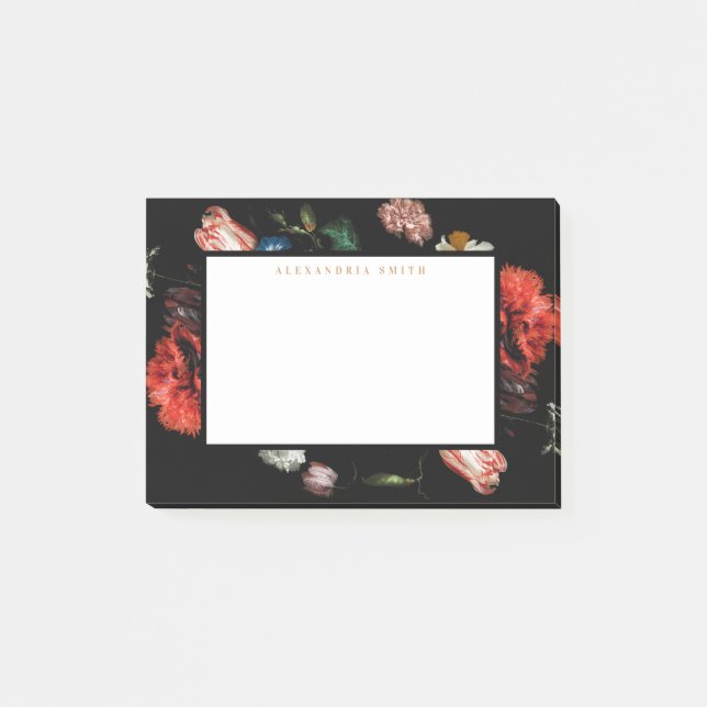 Notas de post-it personalizadas negro floral (Anverso)