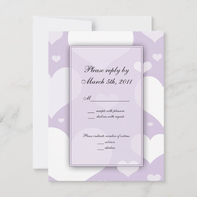 Notas de RSVP de boda de lavanda con corazones (Anverso)