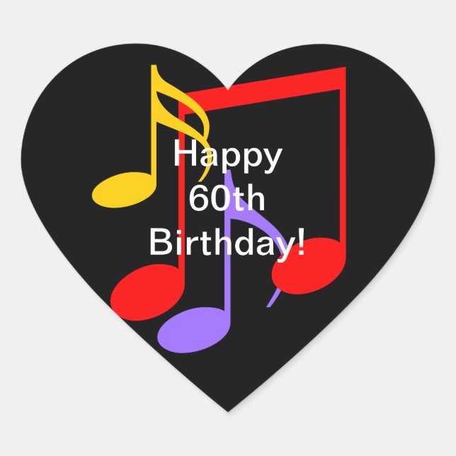 Notas Musicales Cumpleaños 60  Pegatina de Corazón (Anverso)