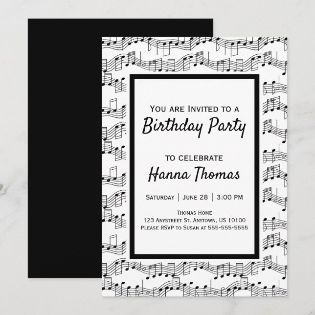 Notas musicales Invitación a cumpleaños (Anverso / Reverso)