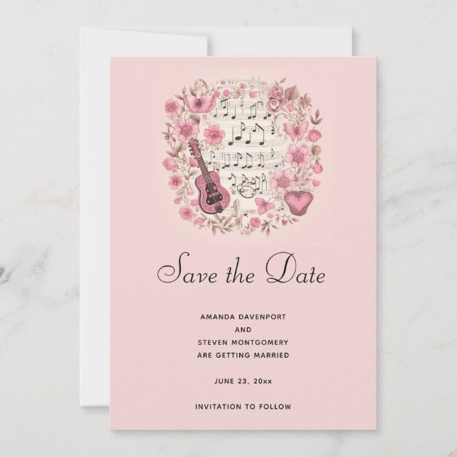 Notas musicales y flores elegant Save the Date (Anverso)