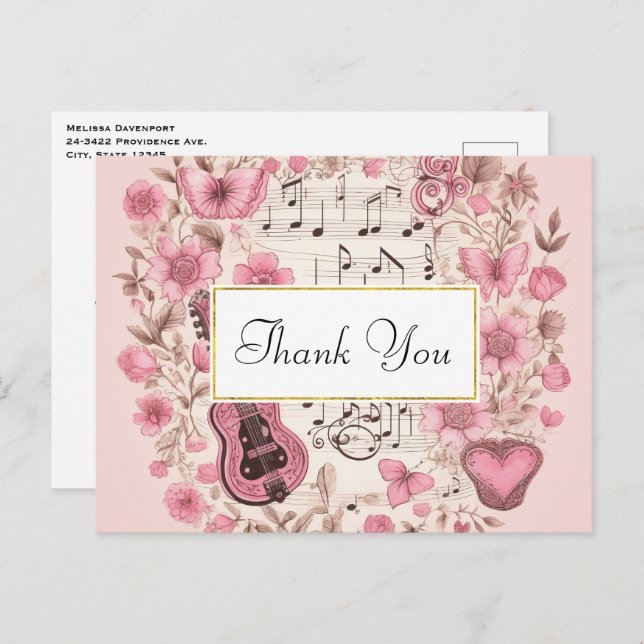 Notas Musicales y Flores Estilo Vintage Gracias (Anverso / Reverso)