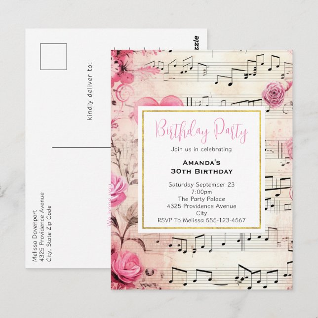 Notas musicales y Rosas Invitación a cumpleaños vi (Anverso / Reverso)