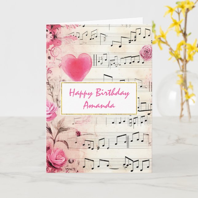 Notas musicales y Rosas Vintage Birthday (flor amarilla)