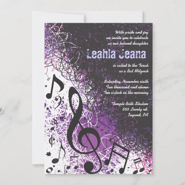 NOTAS MÚSICAS LOCO Bar Mitzvah Invitación Violet (Anverso)
