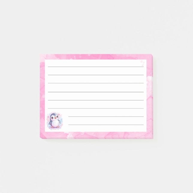 Notas pegajosas rosadas de pingüino fino - 4"x3" (Anverso)