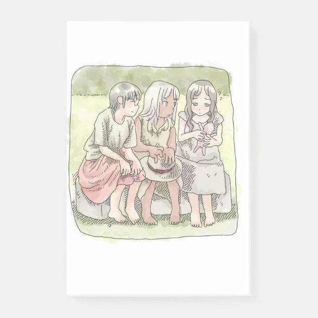 NOTAS POST-IT® さなにやじ　野外で、椅子に座って仲良くしている三人の裸足の女の子のイラスト (Anverso)
