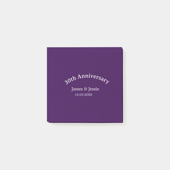 Notas Post-it® 30th wedding anniversary name date purple simple  (Anverso)