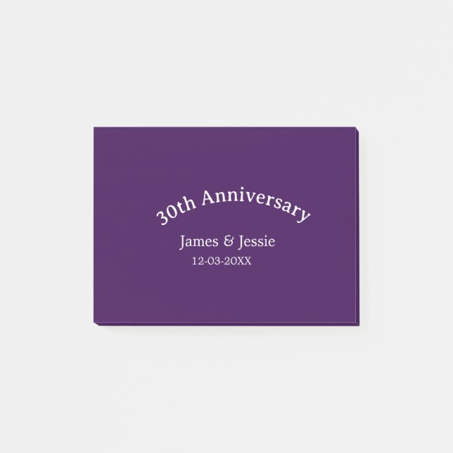 Notas Post-it® 30th wedding anniversary name date purple simple  (Anverso)