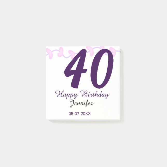 Notas Post-it® 40th birthday add name date year purple floral pin (Anverso)