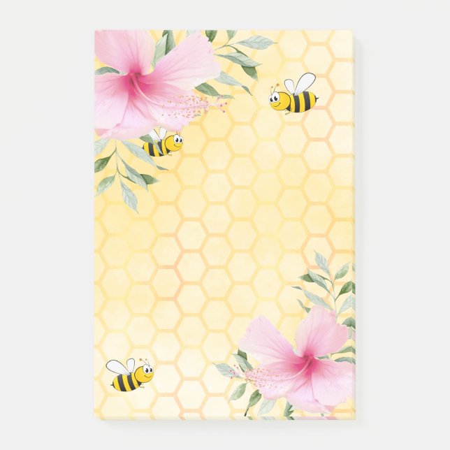 Notas Post-it® Abejas cutinas amarillas florines tropicales rosad (Anverso)