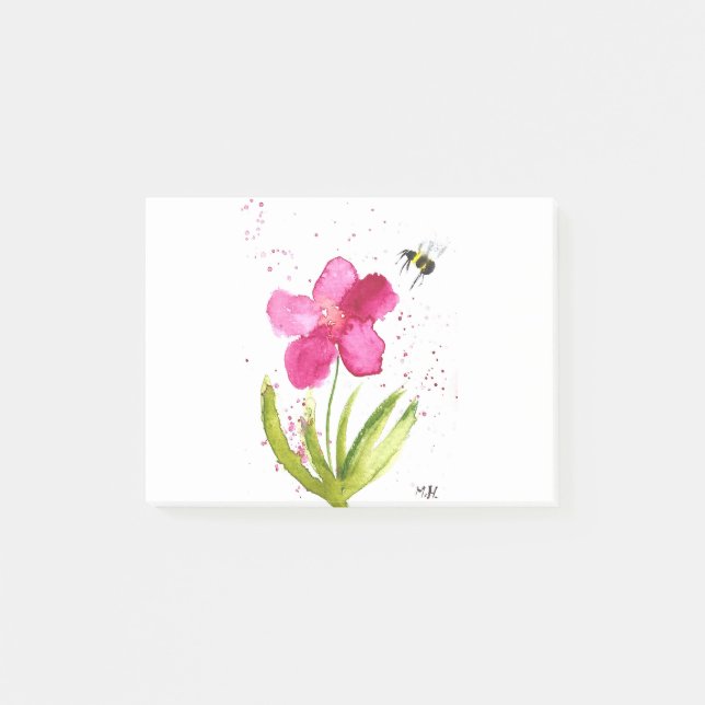 Notas Post-it® Abejorro de flor rosa acuarela (Anverso)