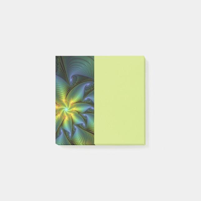 Notas Post-it® Abstract Star, Shiny Blue Green Golden Fractal Art (Anverso)