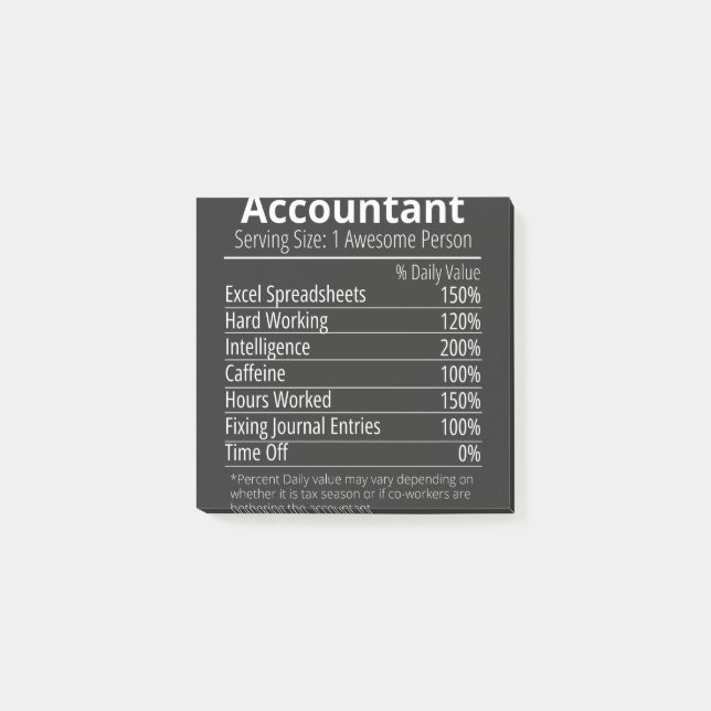 Notas Post-it® Accountant Nutrition Fact, Nutrition Facts (Anverso)