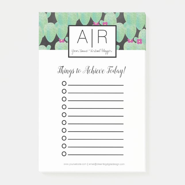 Notas Post-it® Acuarela Cactus Verdor Patrón Botánico Verde (Anverso)