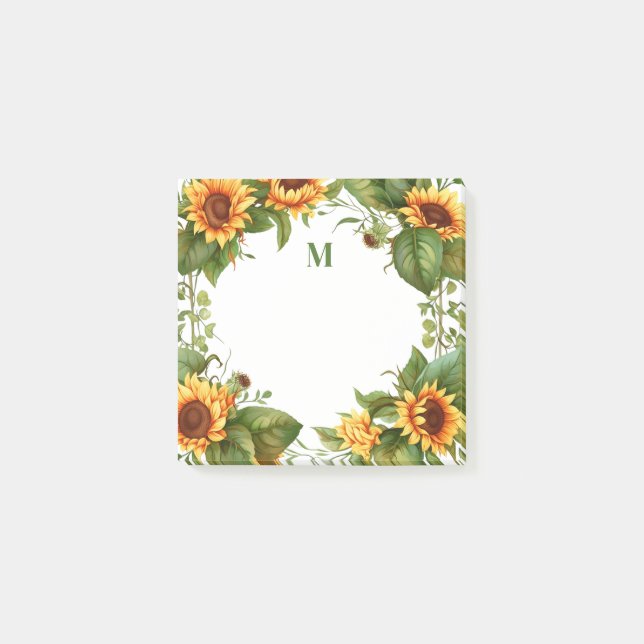Notas Post-it® Acuarela de Monograma de Girasol (Anverso)