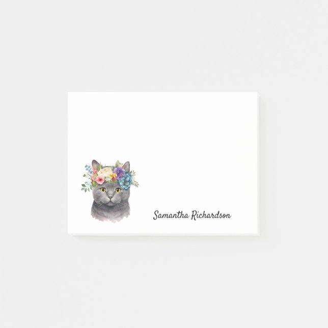 Notas Post-it® Acuarela floral de gato boho personalizada (Anverso)