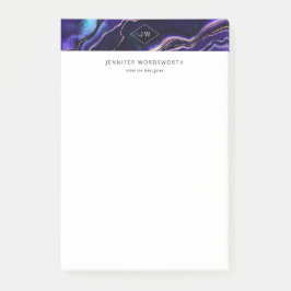 Notas Post-it® Acuarela Monograma Geode Agato Púrpura Azul Profun