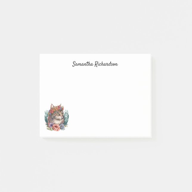 Notas Post-it® Acuarela personalizada para gato de Maine botánico (Anverso)