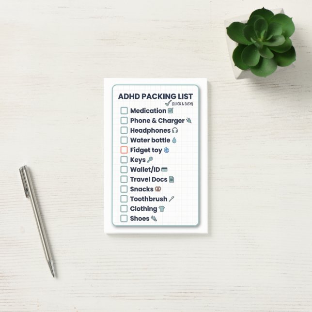 Notas Post-it® ADHD Packing List Minimalist Travel Checklist (Oficina)