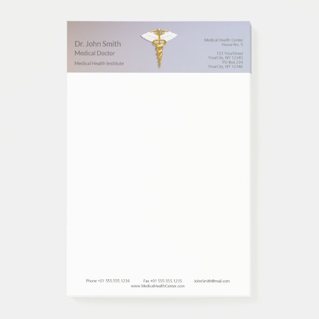Notas Post-it® Alas blancas del Caduceus del Oro Elegante Médico (Anverso)