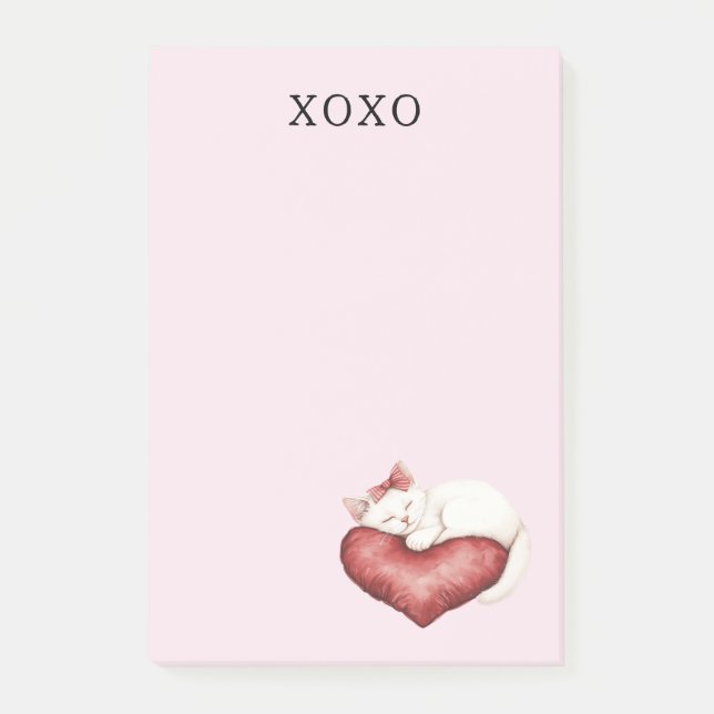 Notas Post-it® Almohada de Gato Blanco Corazón Rojo (Anverso)