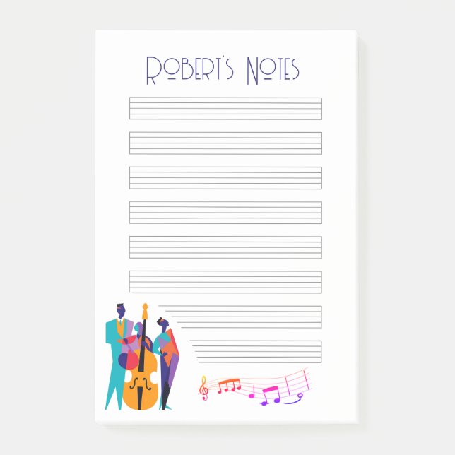 Notas Post-it® Almohadilla "Note" inspirada en el jazz con músico (Anverso)