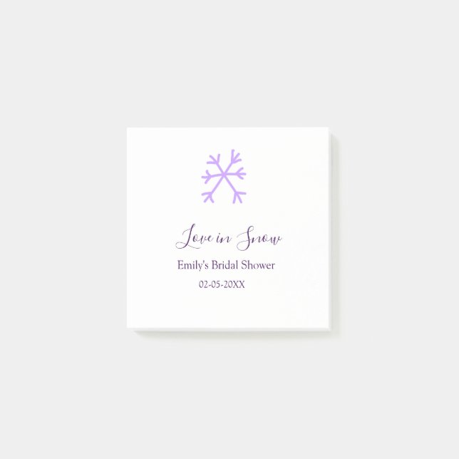 Notas Post-it® Amor en nieve ducha nupcial copos de nieve morados (Anverso)