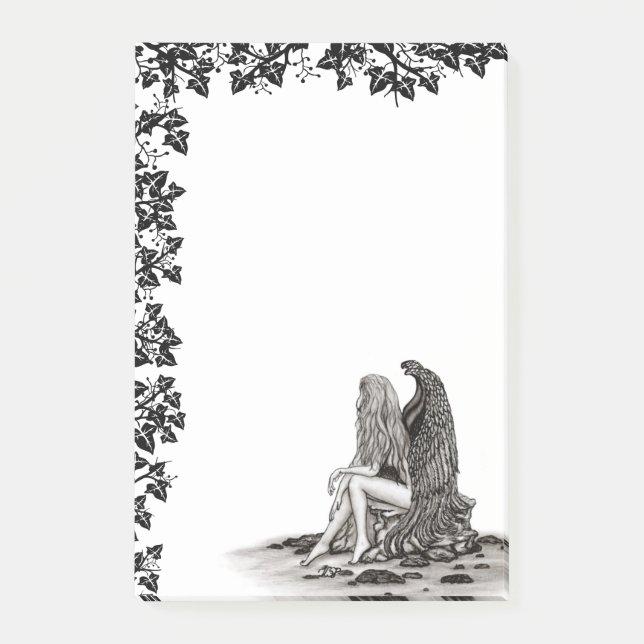 Notas Post-it® Ángel, perdido en el pensamiento, diseño blanco y  (Anverso)