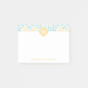 Notas Post-it® Aqua monogramada y Damasco floral amarillo