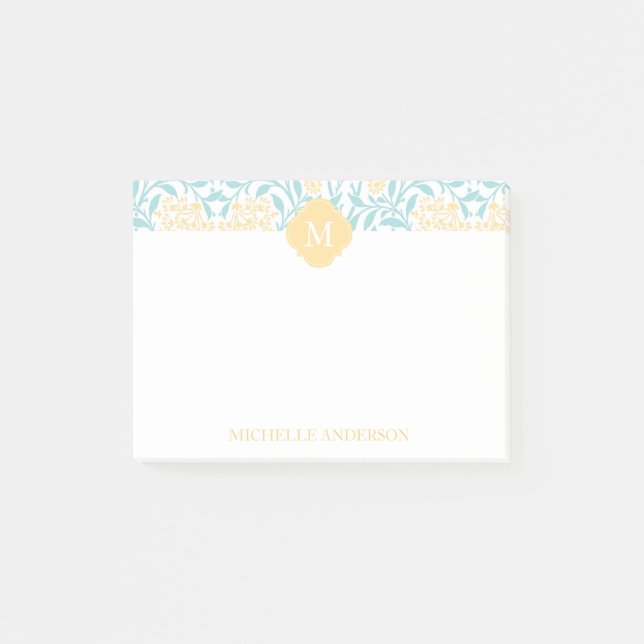 Notas Post-it® Aqua monogramada y Damasco floral amarillo (Anverso)
