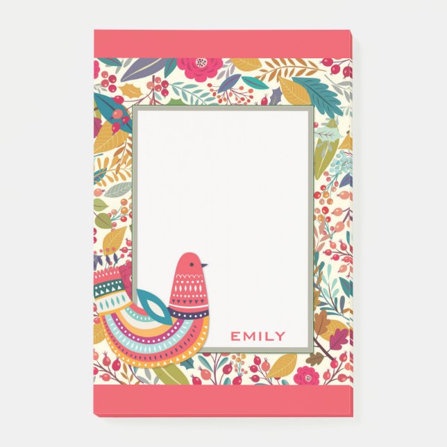 Notas Post-it® Ave floral de color (Anverso)