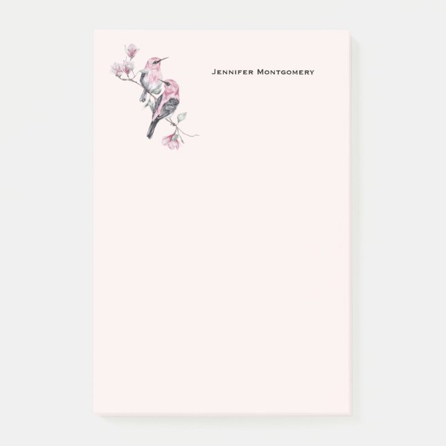 Notas Post-it® Aves rosadas y negras en una rama de árbol (Anverso)