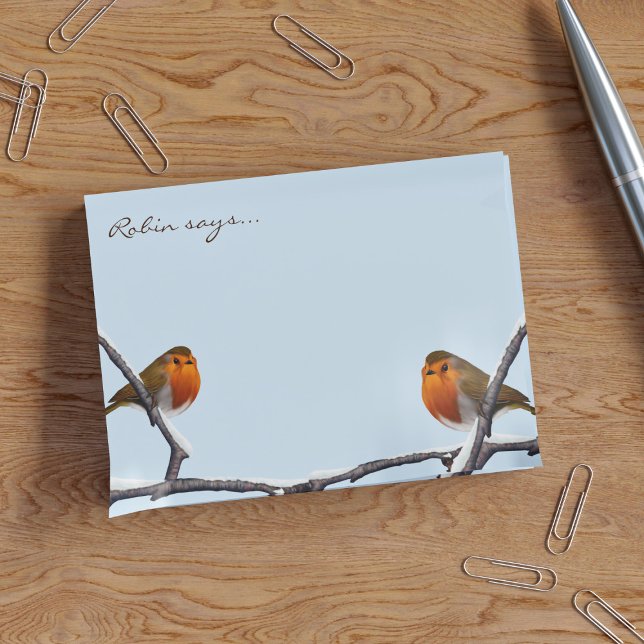 Notas Post-it® Azul de invierno personalizado Robin Bird (Two Christmas Robins sat on a snowy branch chatting about how much they'd like to come home with you)